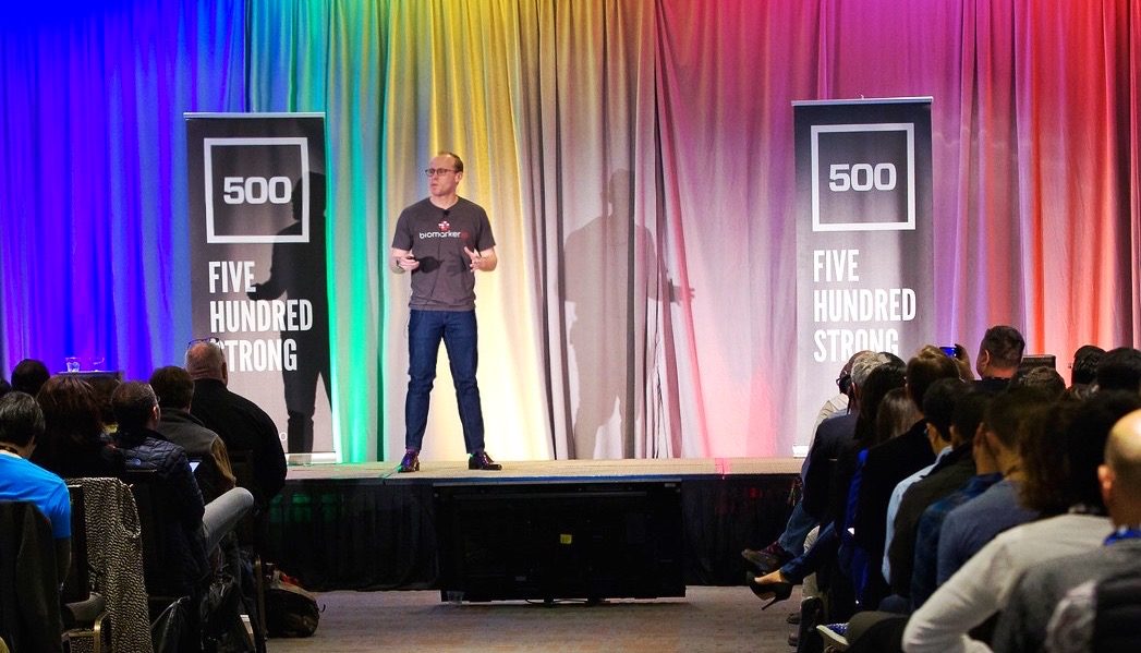 Garrett pitching Biomarker at 500 Startups Demo Day